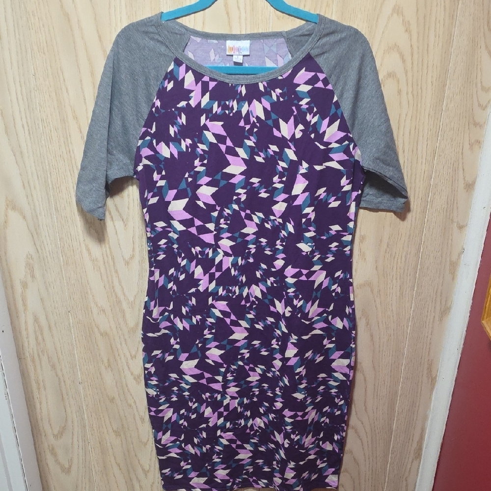 LuLaRoe Julia-Lavender and Charcoal Patterned Dress